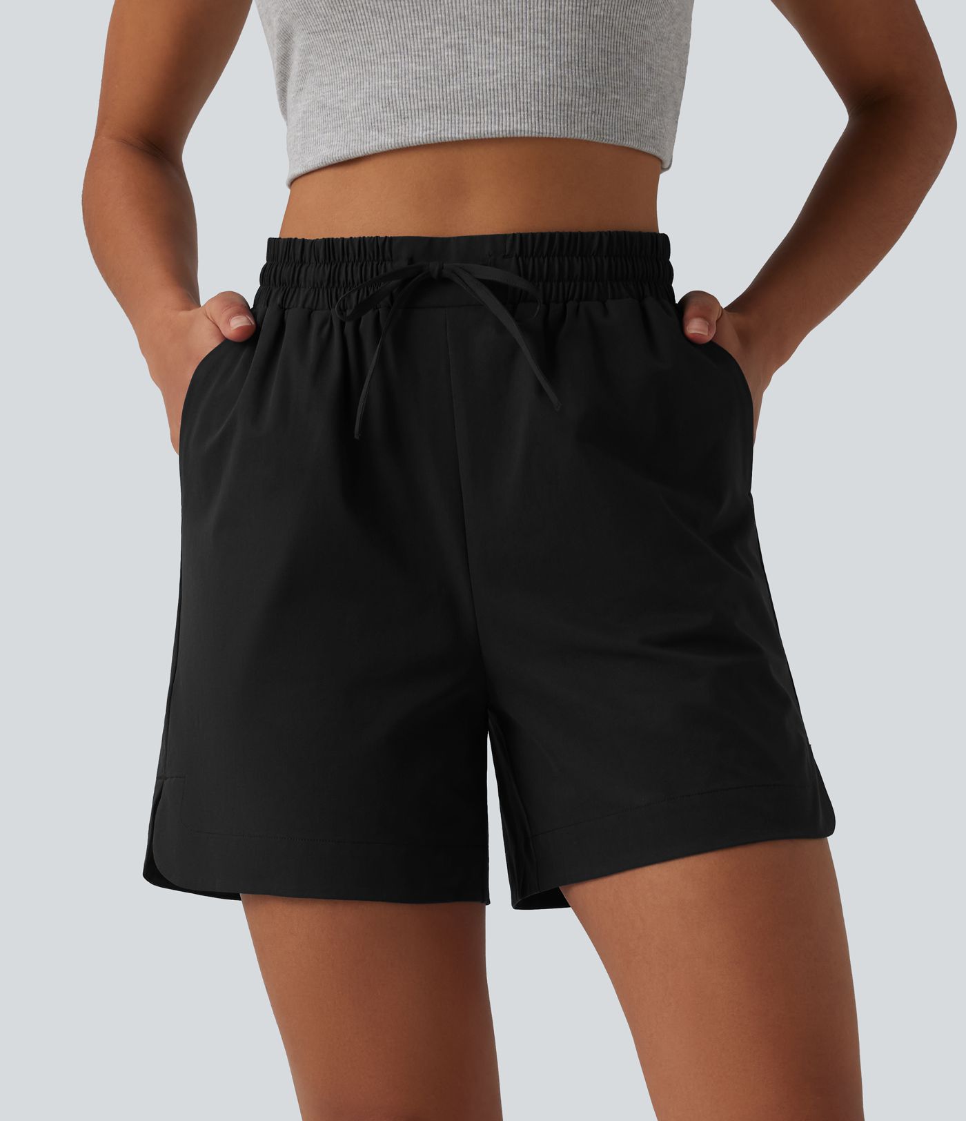 High Waisted Drawstring Curved Hem Stretchy Poplin Casual Baggy Shorts with Pockets