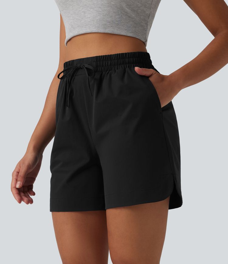 High Waisted Drawstring Curved Hem Stretchy Poplin Casual Baggy Shorts with Pockets