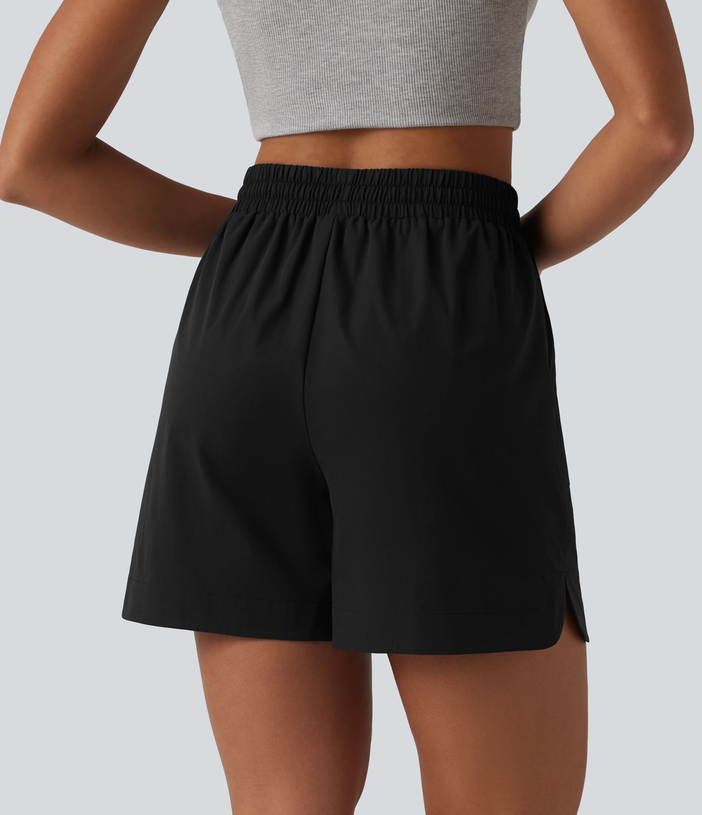 High Waisted Drawstring Curved Hem Stretchy Poplin Casual Baggy Shorts with Pockets