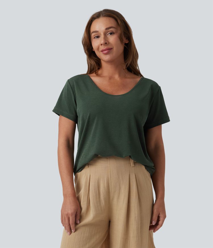 T-shirt casual col V manches chauve-souris dos nu à bretelles croisées