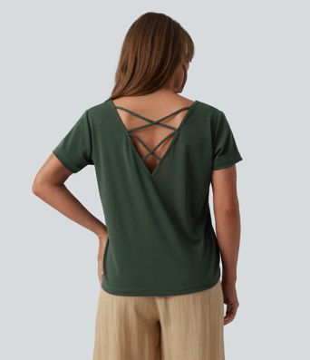 T-shirt casual col V manches chauve-souris dos nu à bretelles croisées