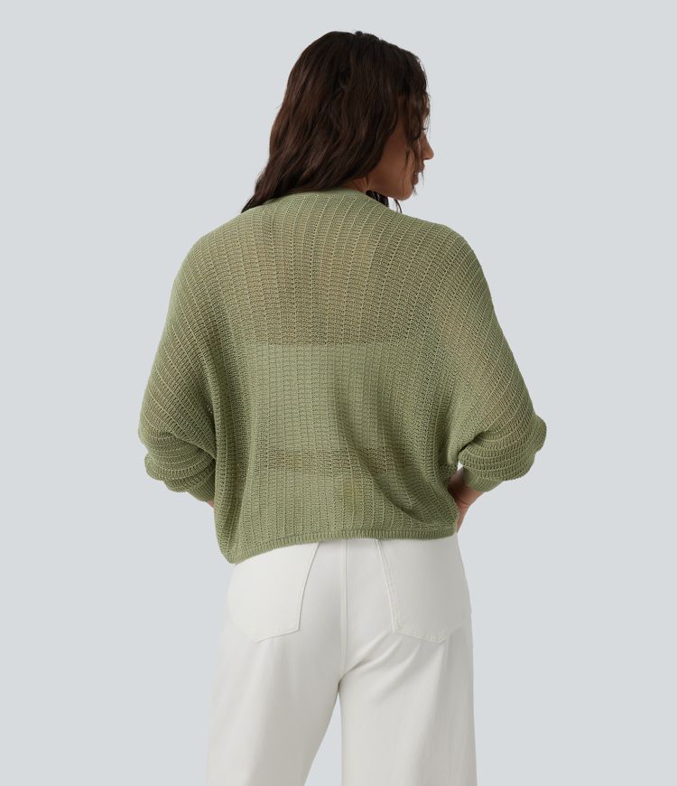 Cardigan décontracté en crochet à encolure en V profonde et Manches chauve-souris