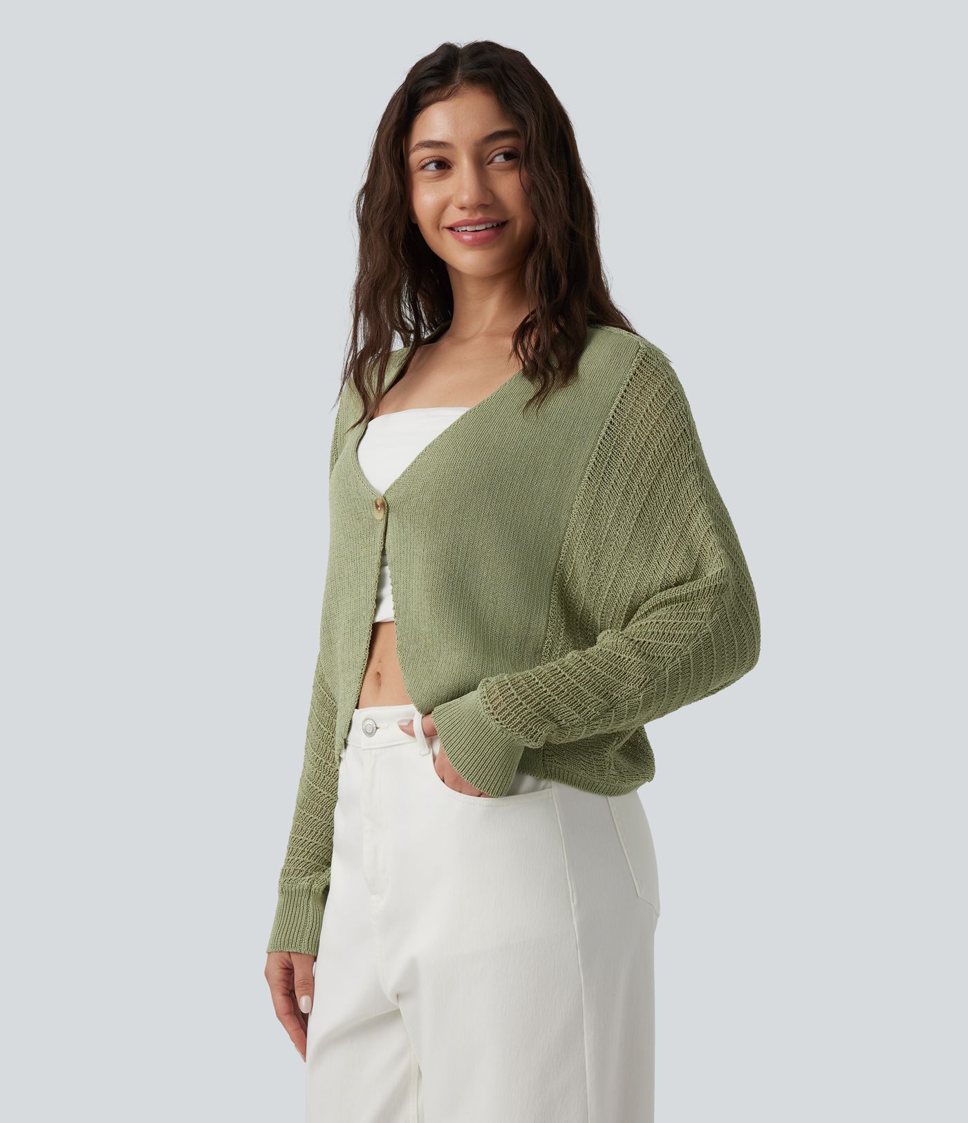 Cardigan décontracté en crochet à encolure en V profonde et Manches chauve-souris