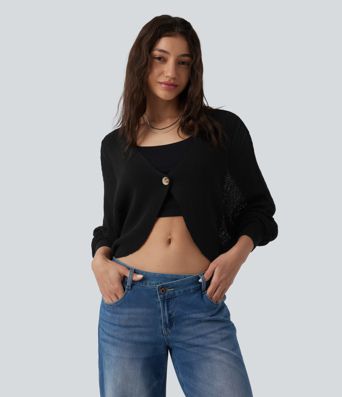 Deep V-neck Batwing Sleeve Crochet Casual Cardigan