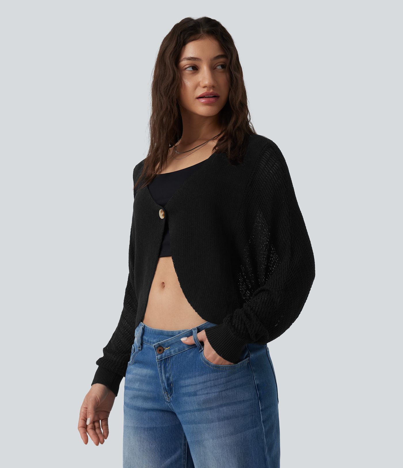 Deep V-neck Batwing Sleeve Crochet Casual Cardigan