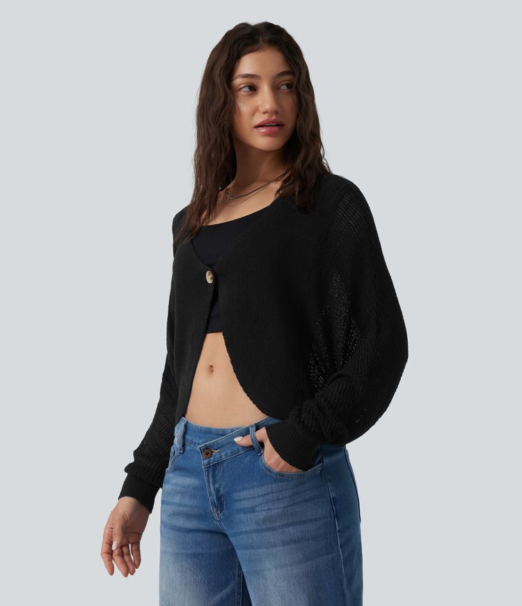 Deep V-neck Batwing Sleeve Crochet Casual Cardigan