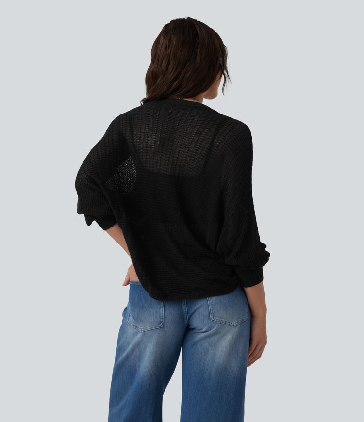 Deep V-neck Batwing Sleeve Crochet Casual Cardigan
