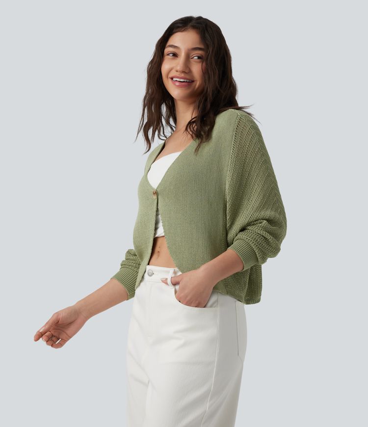 Cardigan décontracté en crochet à encolure en V profonde et Manches chauve-souris