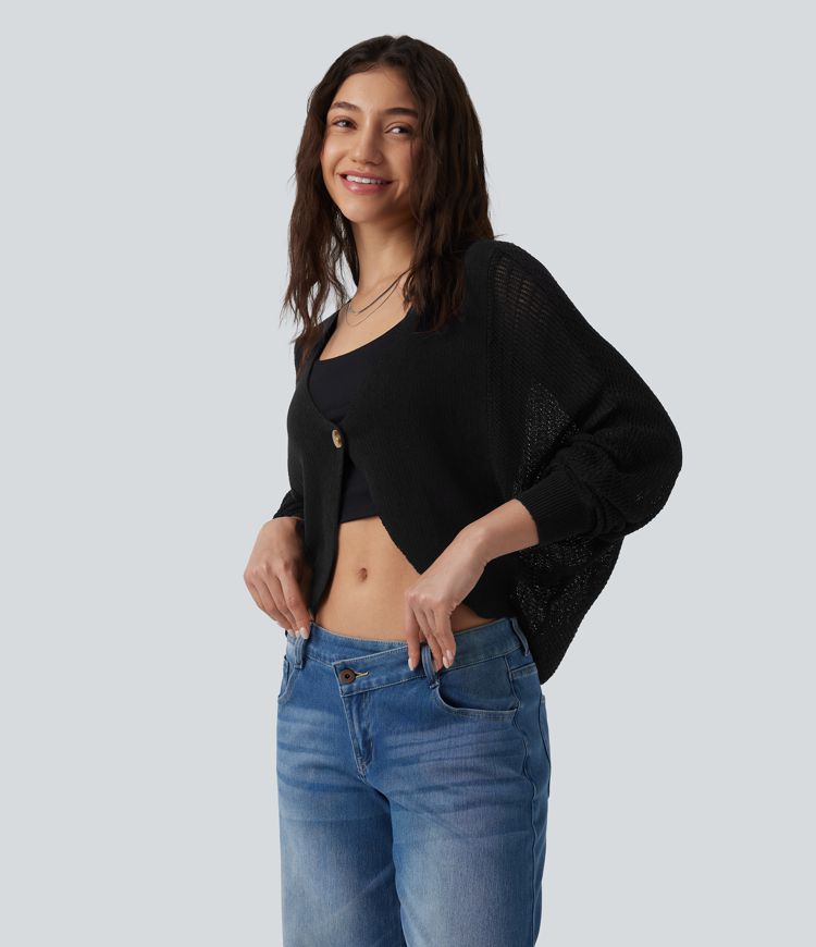 Deep V-neck Batwing Sleeve Crochet Casual Cardigan
