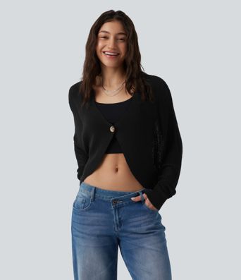 Deep V-neck Batwing Sleeve Crochet Casual Cardigan