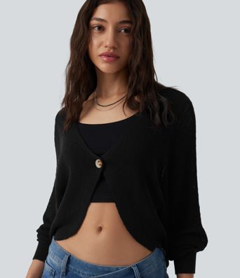 Deep V-neck Batwing Sleeve Crochet Casual Cardigan
