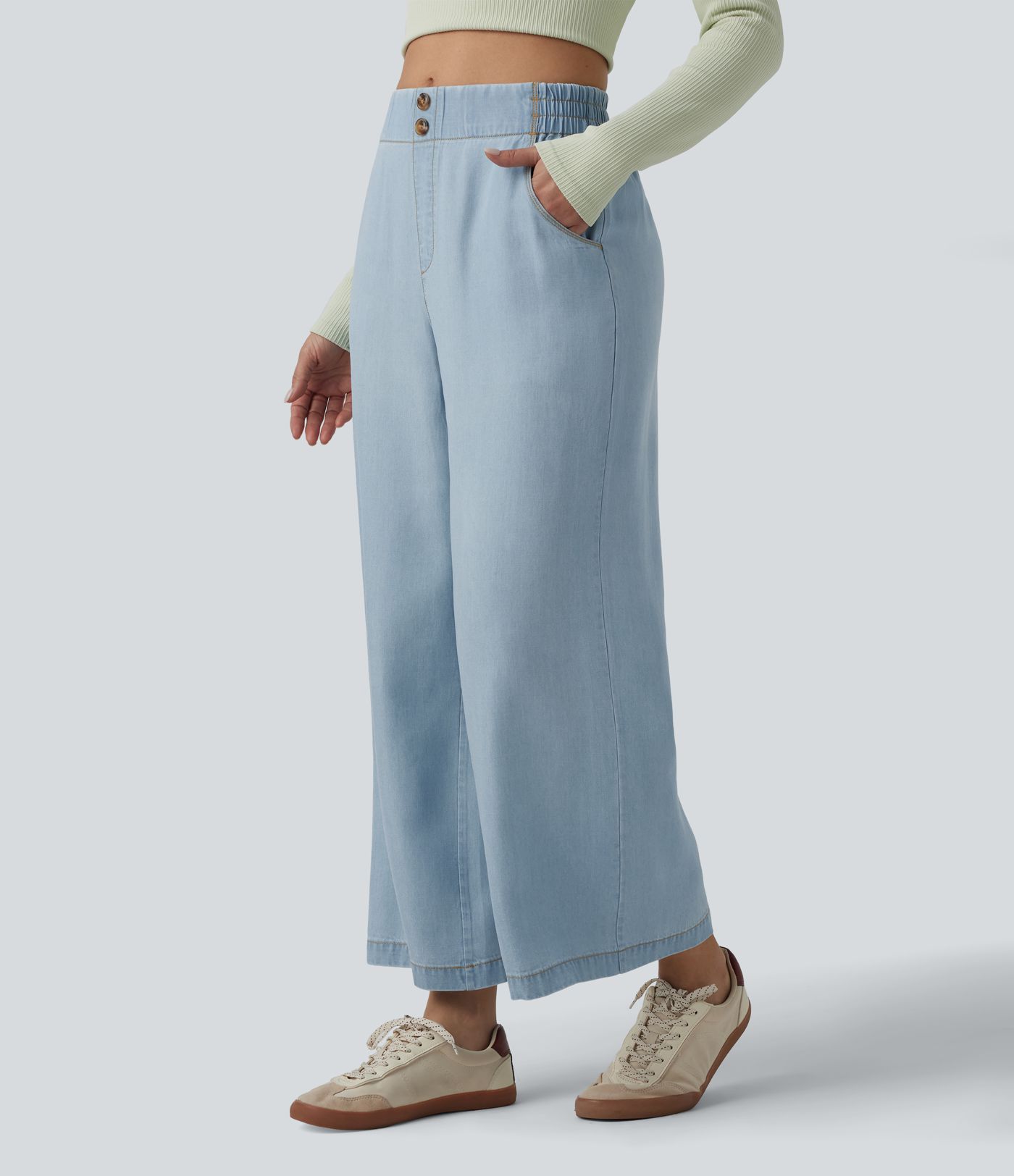 Mid Rise Draped Lyocell Casual Baggy Jeans with Pockets