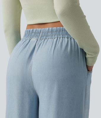 Mid Rise Draped Lyocell Casual Baggy Jeans with Pockets