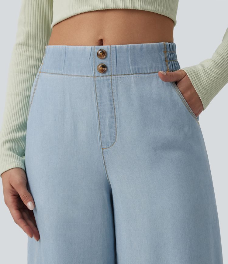 Mid Rise Draped Lyocell Casual Baggy Jeans with Pockets