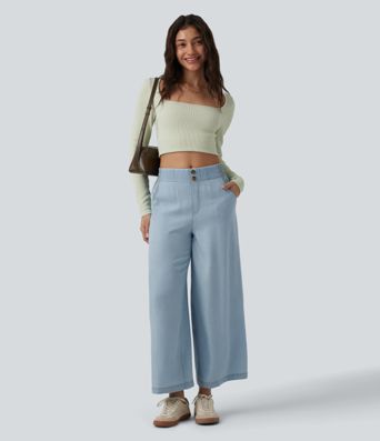 Mid Rise Draped Lyocell Casual Baggy Jeans with Pockets