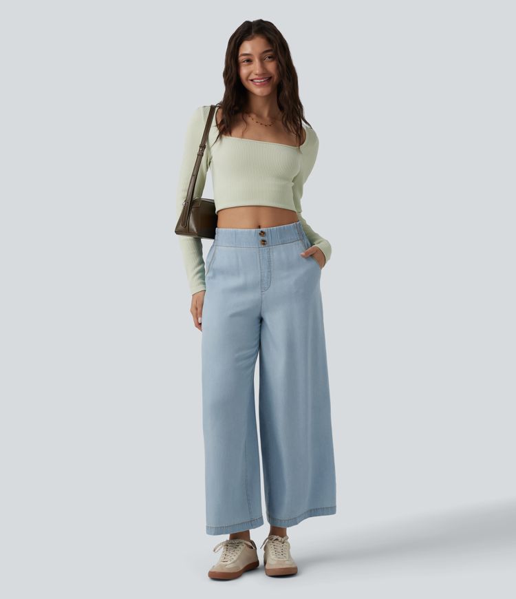 Mid Rise Draped Lyocell Casual Baggy Jeans with Pockets
