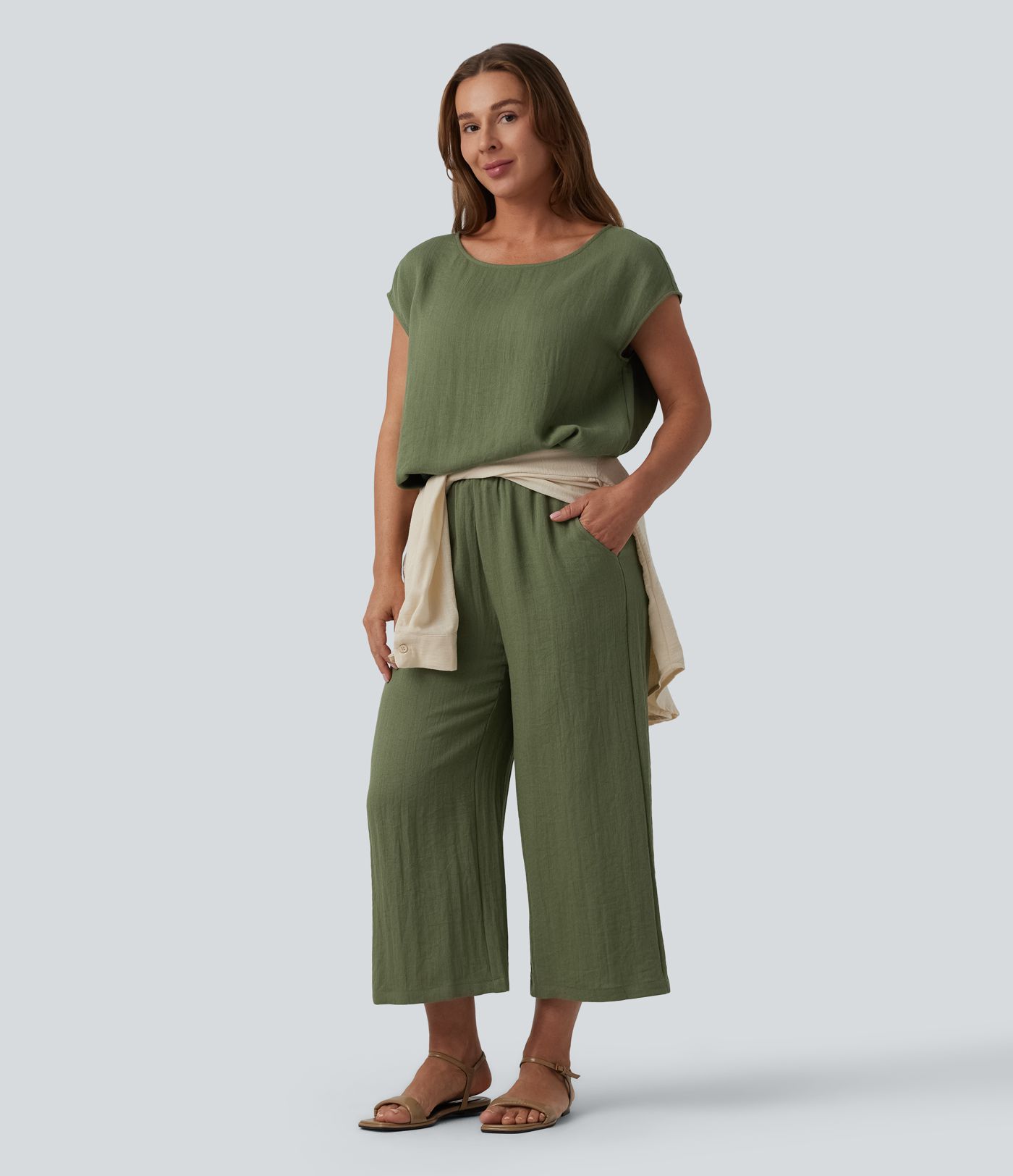 Round Neck Batwing Sleeve Casual Linen-Feel Top