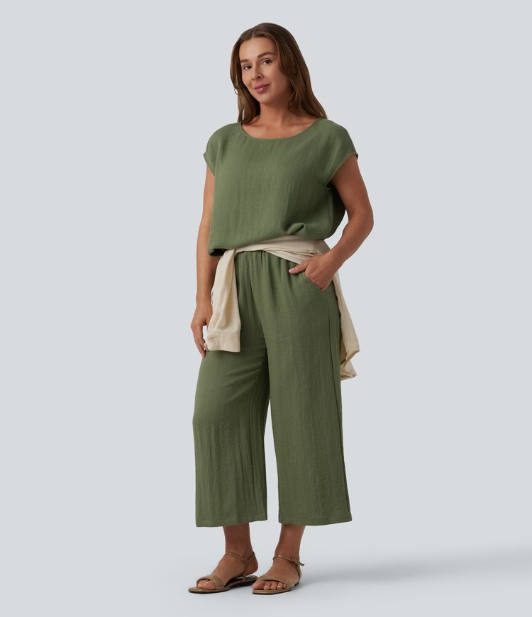 Round Neck Batwing Sleeve Casual Linen-Feel Top