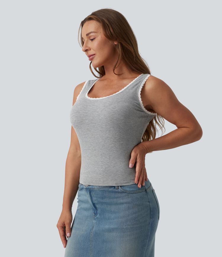 High Stretch Ribbed Scoop Neck Contrast Lace Casual Tank Top High Stretch Ribbed Scoop Neck Contrast Lace Casual Tank Top