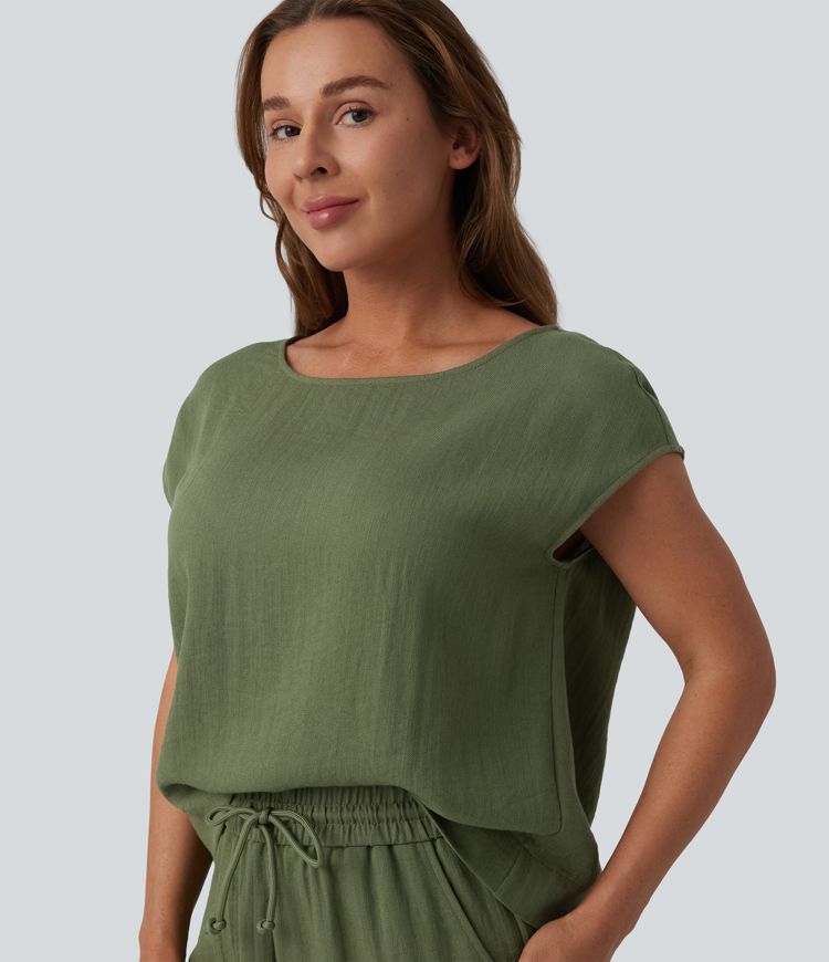 Round Neck Batwing Sleeve Casual Linen-Feel Top