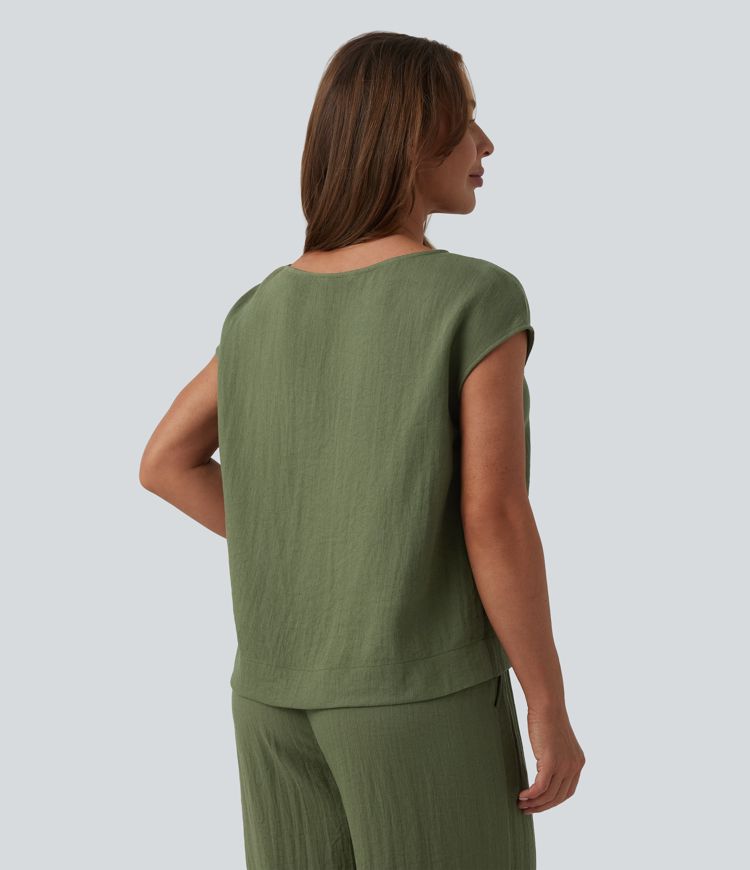 Round Neck Batwing Sleeve Casual Linen-Feel Top