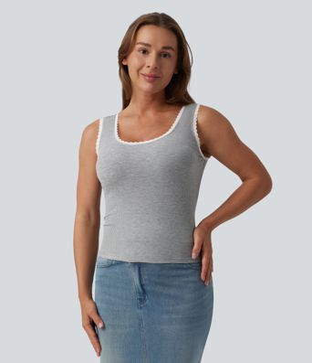 High Stretch Ribbed Scoop Neck Contrast Lace Casual Tank Top High Stretch Ribbed Scoop Neck Contrast Lace Casual Tank Top