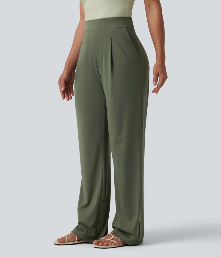 Pantalon casual taille haute coupe droite avec poches