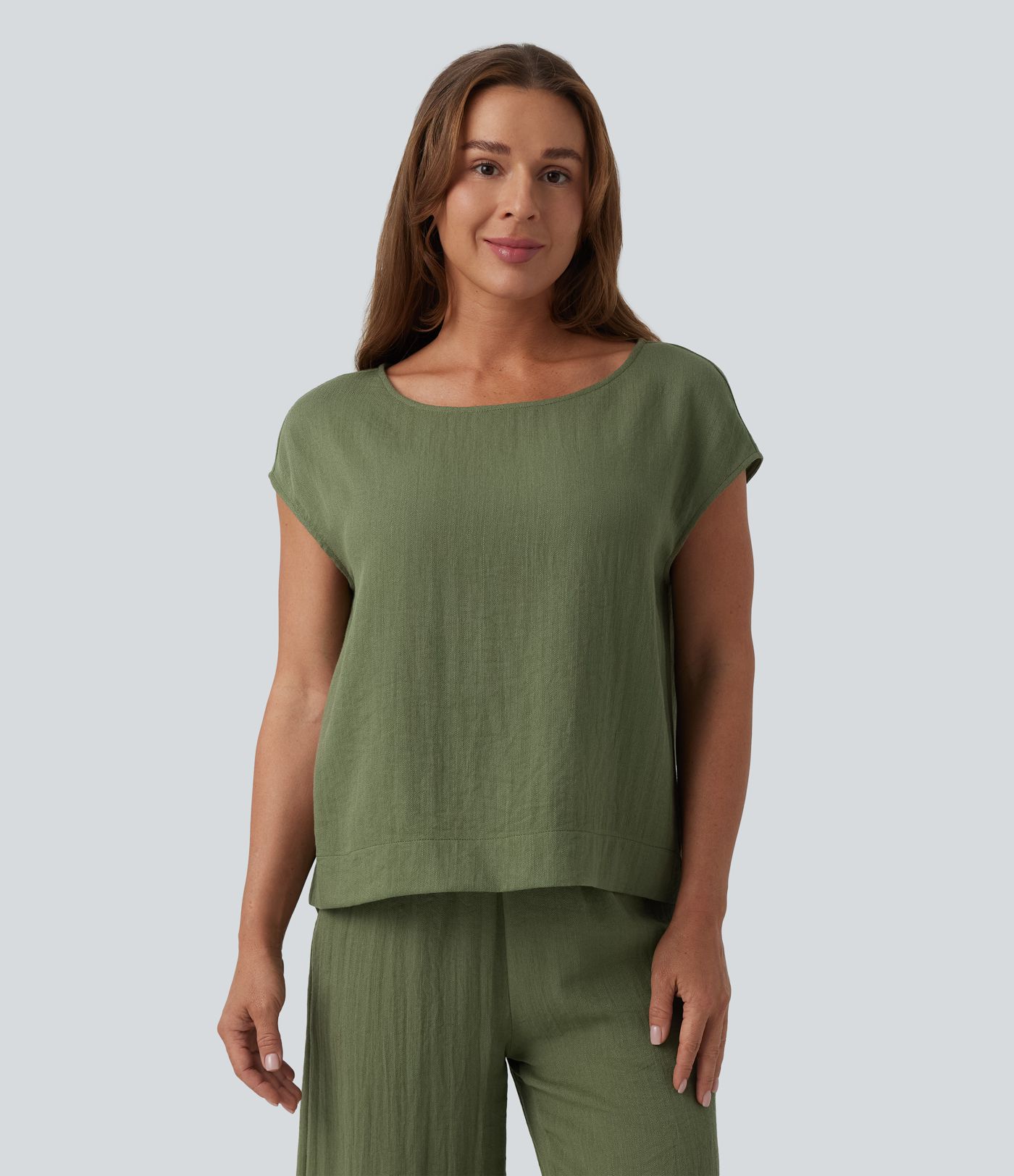 Round Neck Batwing Sleeve Casual Linen-Feel Top