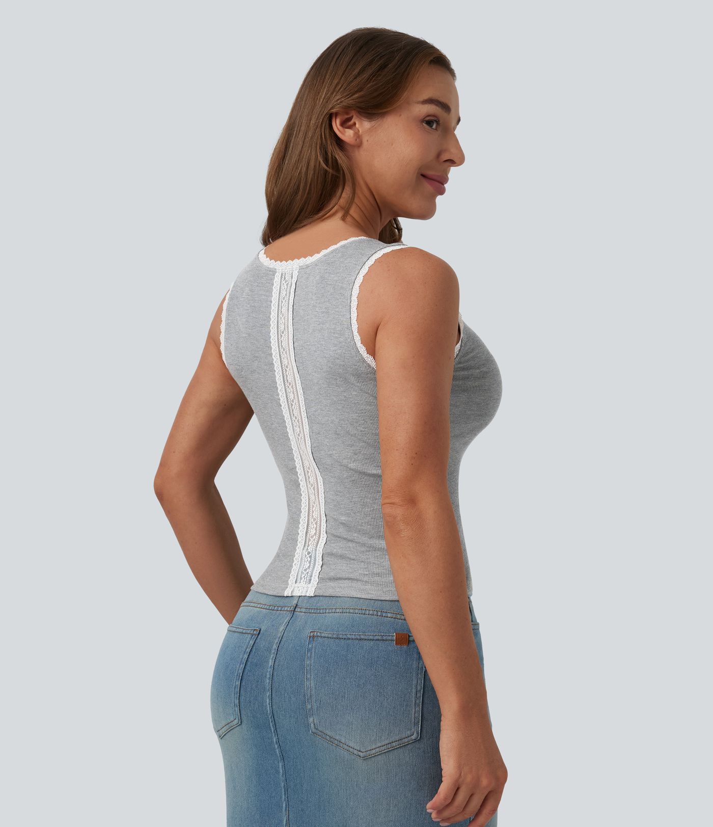 High Stretch Ribbed Scoop Neck Contrast Lace Casual Tank Top High Stretch Ribbed Scoop Neck Contrast Lace Casual Tank Top