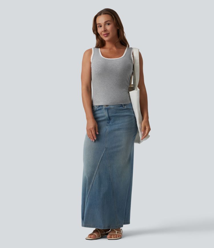 High Stretch Ribbed Scoop Neck Contrast Lace Casual Tank Top High Stretch Ribbed Scoop Neck Contrast Lace Casual Tank Top