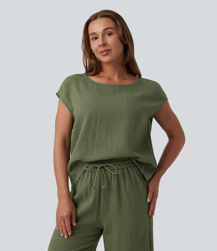 Round Neck Batwing Sleeve Casual Linen-Feel Top