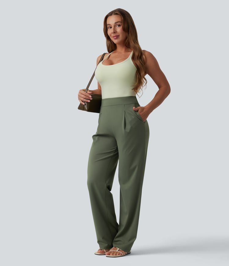 Pantalon casual taille haute coupe droite avec poches