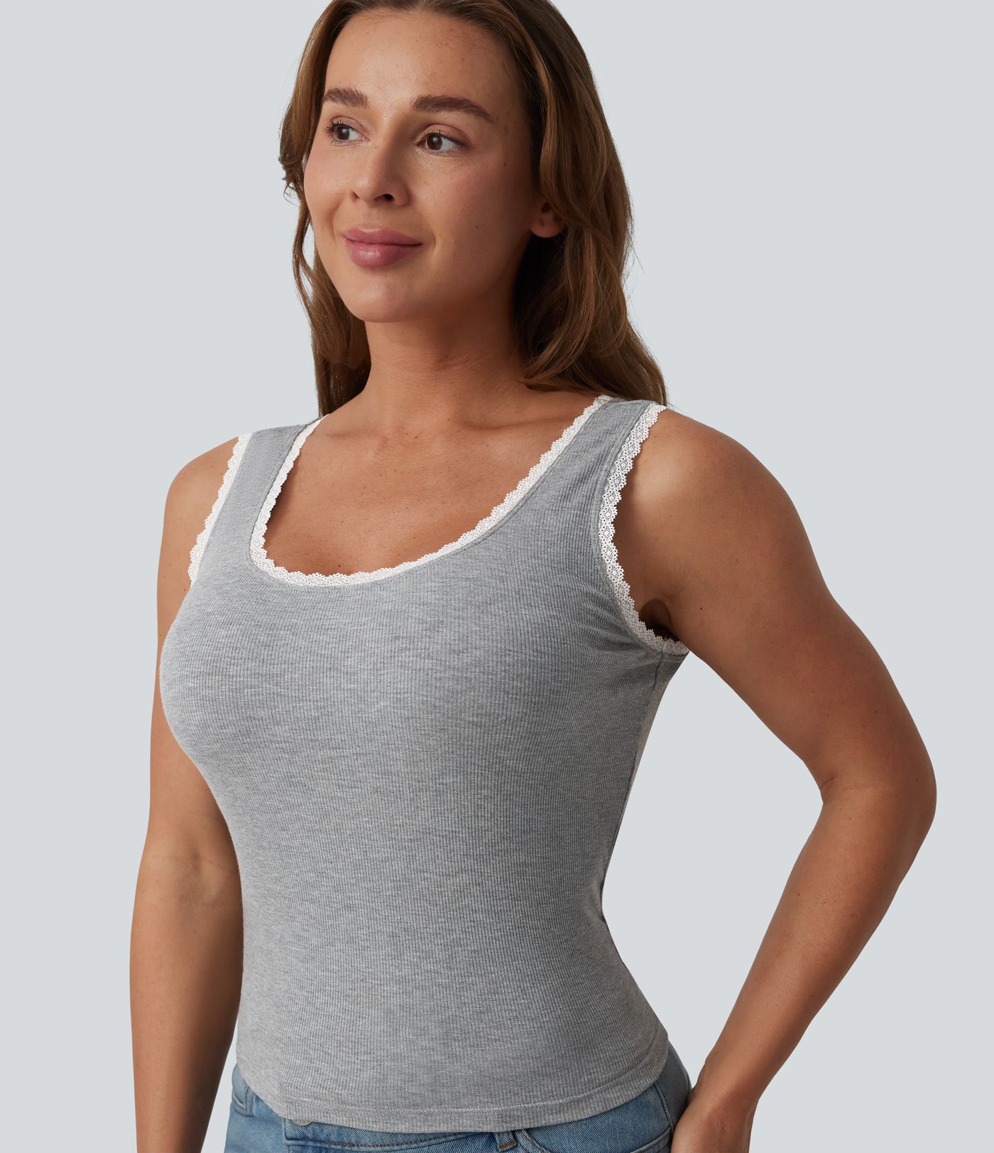 High Stretch Ribbed Scoop Neck Contrast Lace Casual Tank Top High Stretch Ribbed Scoop Neck Contrast Lace Casual Tank Top