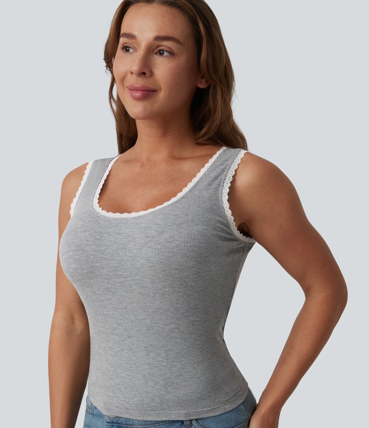High Stretch Ribbed Scoop Neck Contrast Lace Casual Tank Top High Stretch Ribbed Scoop Neck Contrast Lace Casual Tank Top