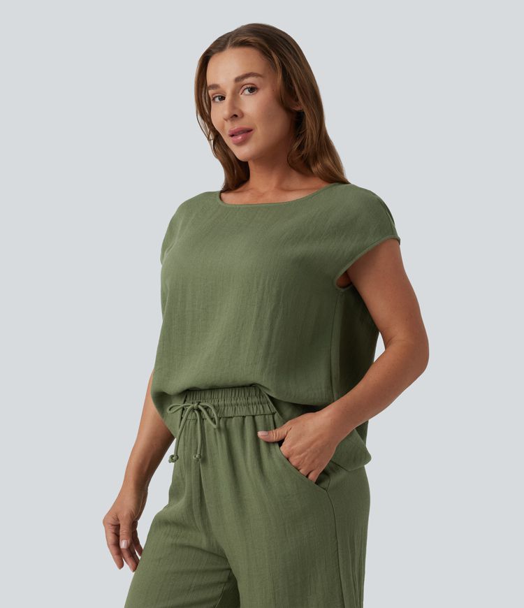 Round Neck Batwing Sleeve Casual Linen-Feel Top