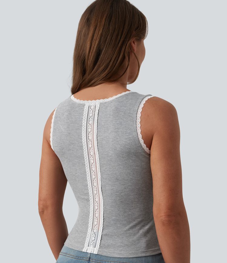 High Stretch Ribbed Scoop Neck Contrast Lace Casual Tank Top High Stretch Ribbed Scoop Neck Contrast Lace Casual Tank Top