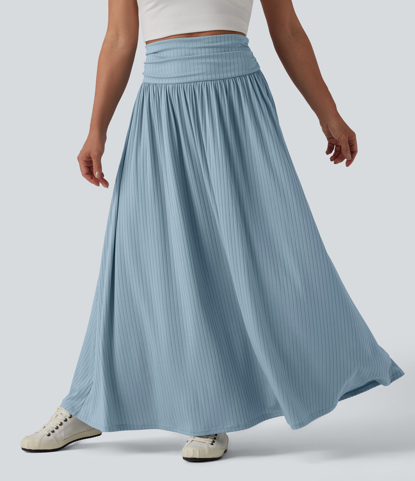 Ribbed Knit High Waisted Flowy Maxi Casual Skirt