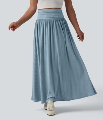 Ribbed Knit High Waisted Flowy Maxi Casual Skirt