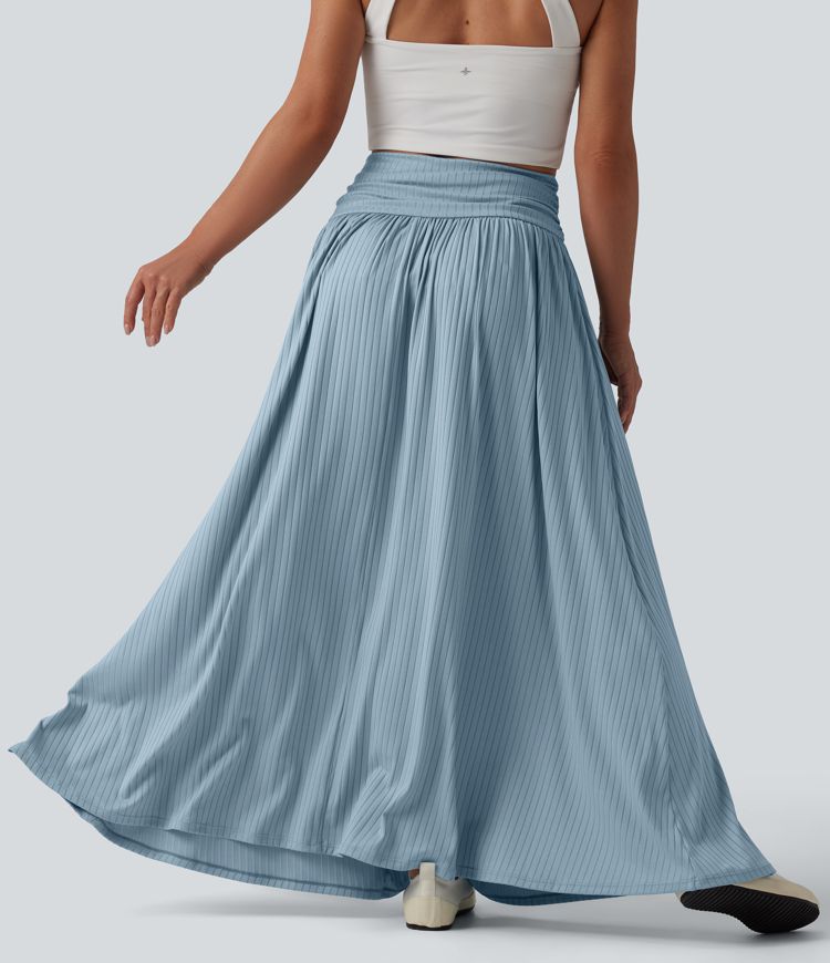 Ribbed Knit High Waisted Flowy Maxi Casual Skirt