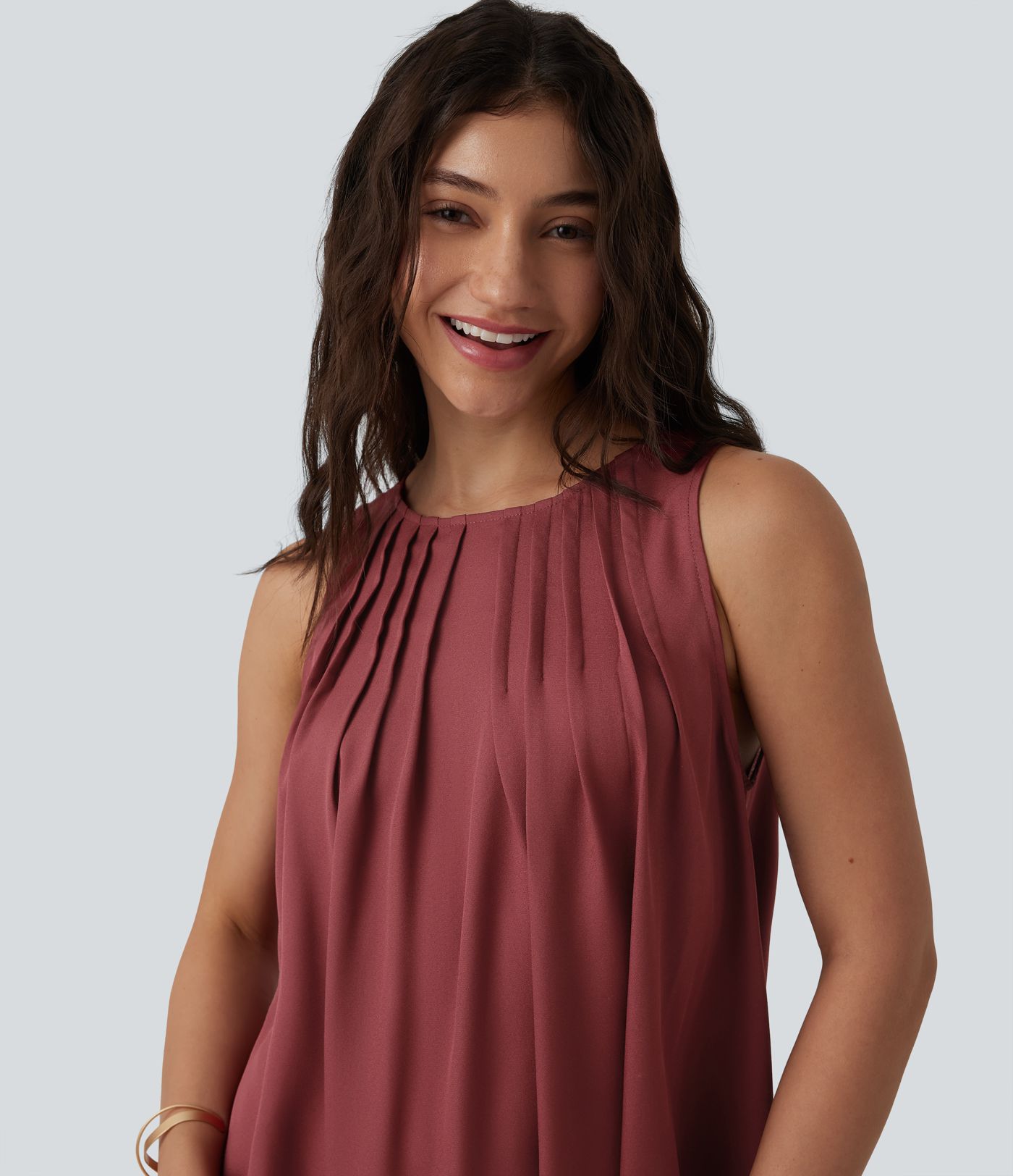 Round Neck Pleated Sleeveless High Low Casual Flowy Dress