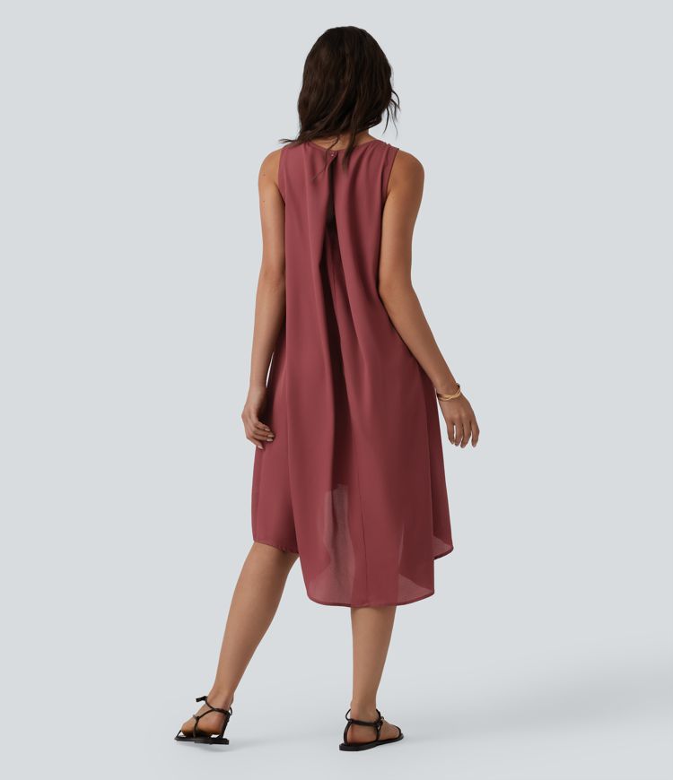 Round Neck Pleated Sleeveless High Low Casual Flowy Dress