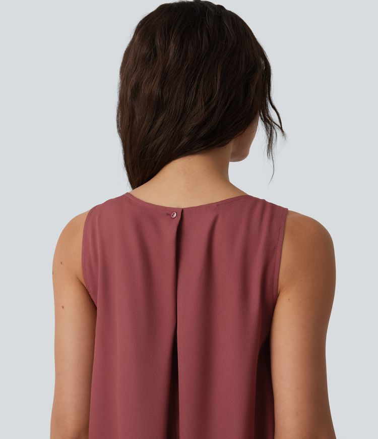 Round Neck Pleated Sleeveless High Low Casual Flowy Dress