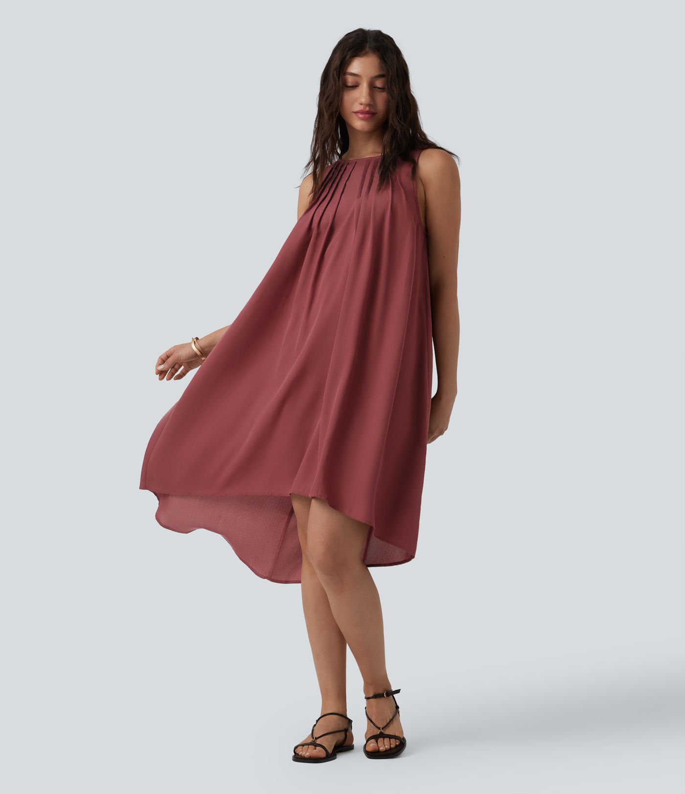 Round Neck Pleated Sleeveless High Low Casual Flowy Dress