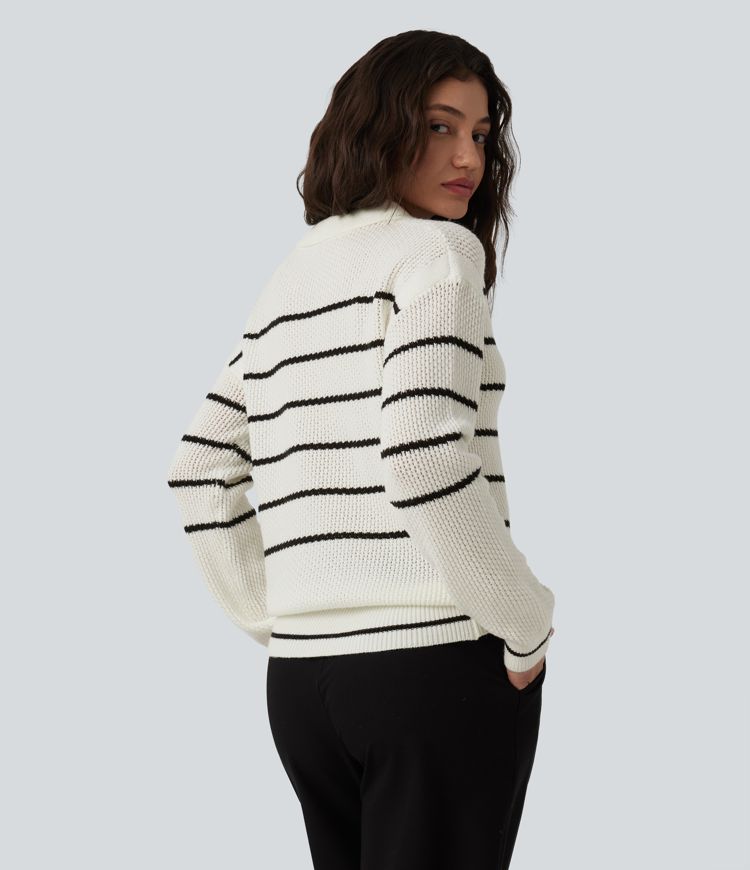 V-neck Long Sleeve Stripes Casual Jumper