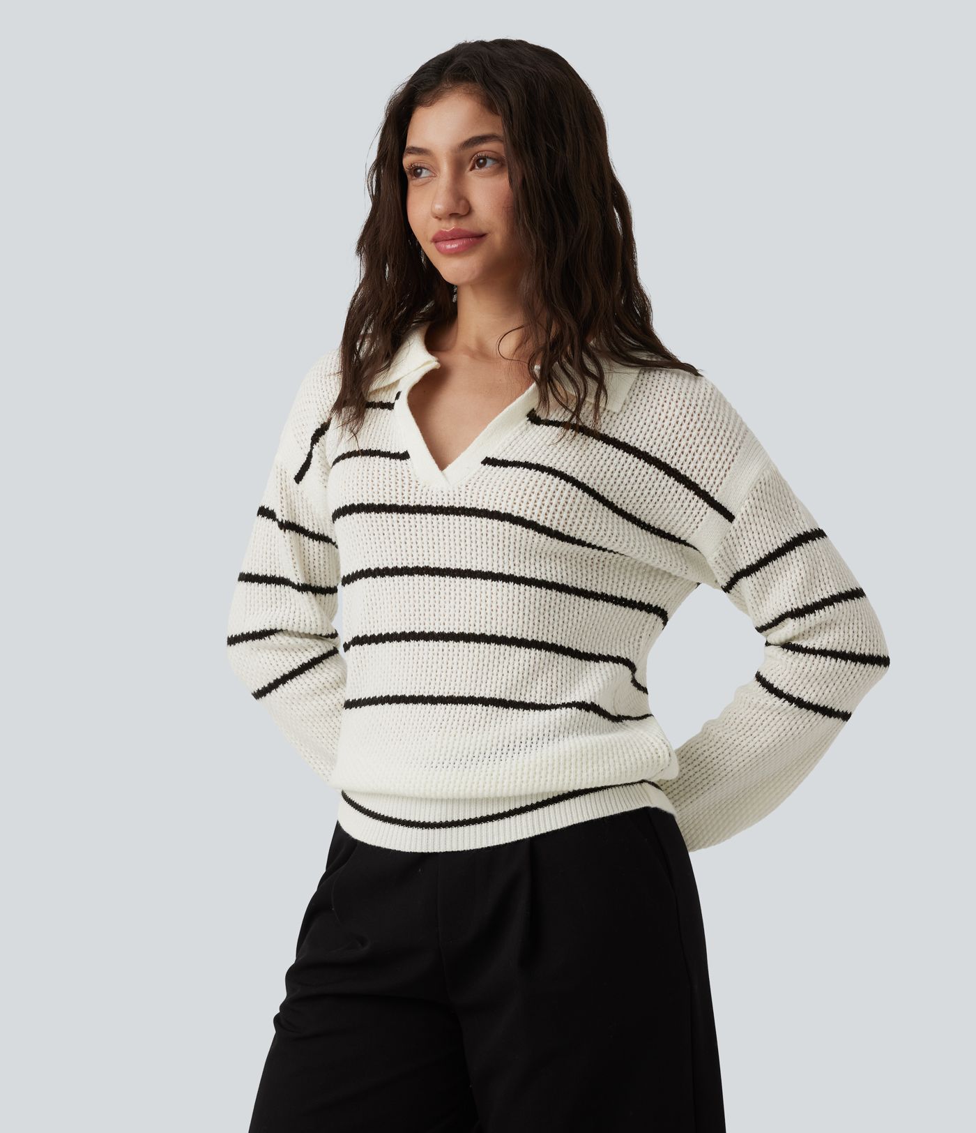 V-neck Long Sleeve Stripes Casual Jumper