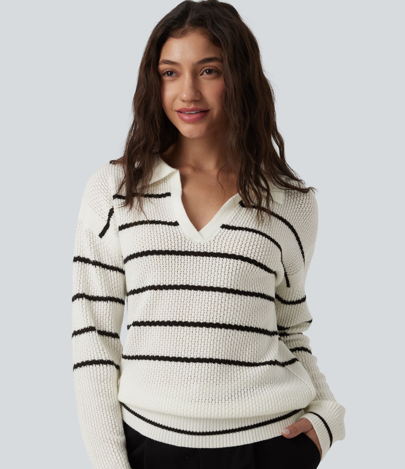 V-neck Long Sleeve Stripes Casual Jumper