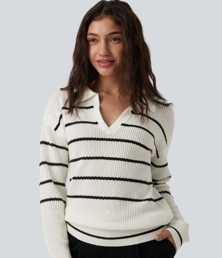 V-neck Long Sleeve Stripes Casual Jumper