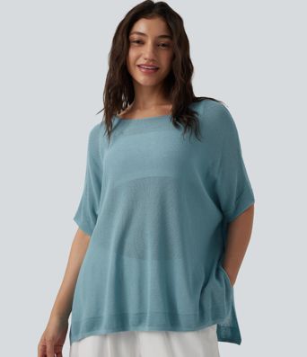 Pull décontracté semi-transparent à encolure bateau, quelques chauve-souris et ourlet fendu