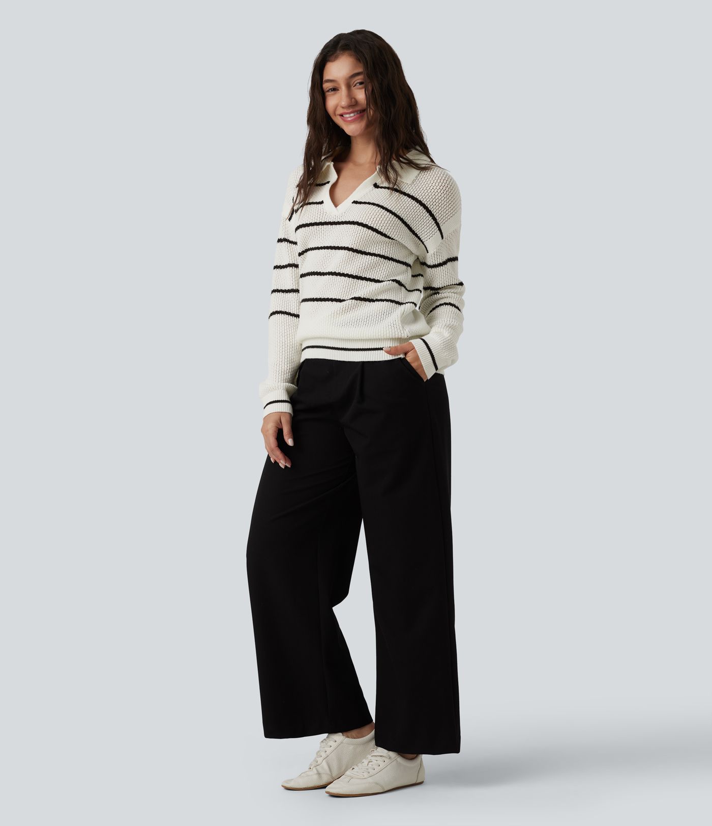 V-neck Long Sleeve Stripes Casual Jumper