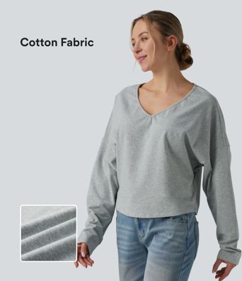 Halara Cotton Jersey - Lässiges, schulterfreies T-Shirt aus Baumwolle mit V-Ausschnitt und langen Ärmeln